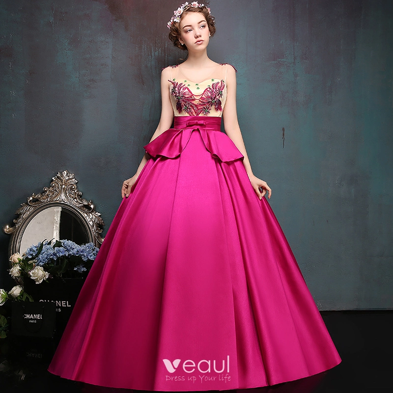 Veaul Chic Beautiful Fuchsia Prom Dresses 2019 A Line Princess V Neck Lace Flower Bow Sequins