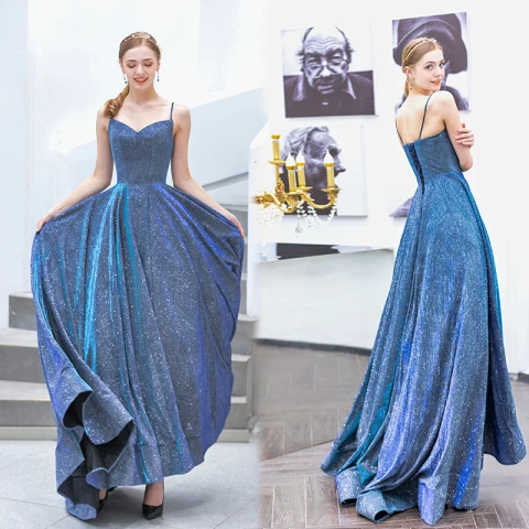 Sparkly Ocean Blue Evening Dresses  2019 A-Line / Princess Spaghetti Straps Sequins Sleeveless Backless Sweep Train Formal Dresses