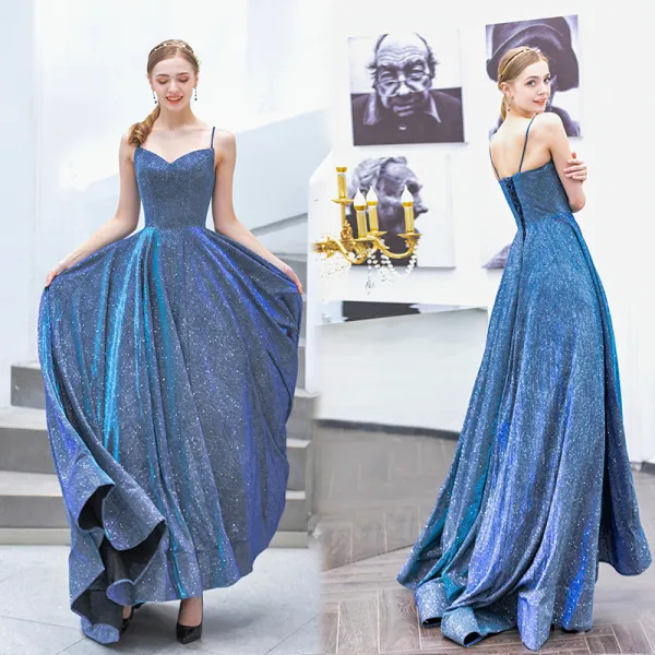 Sparkly Ocean Blue Evening Dresses 2019 A Line Princess Spaghetti Straps Sequins Sleeveless Backless Sweep Train