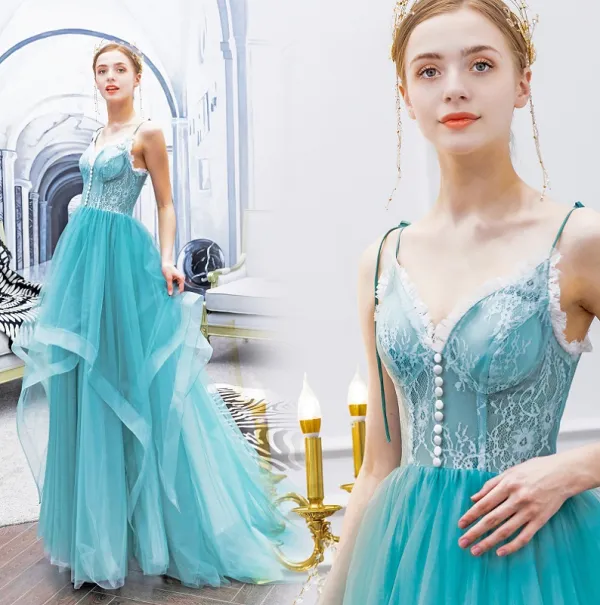 Charming Jade Green Prom Dresses 2019 A-Line / Princess Spaghetti Straps Bow Buttons Lace Flower Sleeveless Backless Sweep Train Formal Dresses