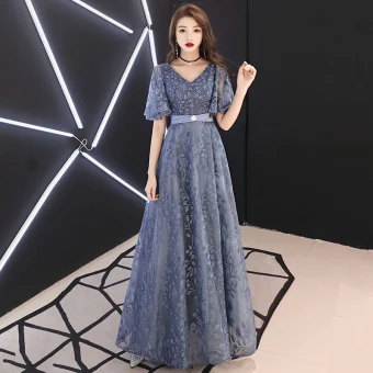 Elegant Pool Blue Evening Dresses 2019 A Line Princess V Neck Rhinestone Lace Flower Sash Short Sleeve Backless Floor Length Long Formal Dresses