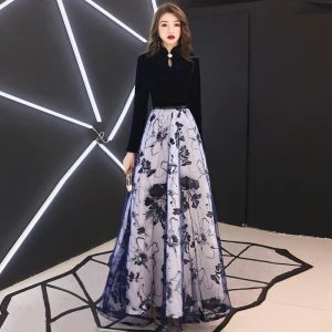 Élégant Bleu Marine Robe De Soirée 2019 Princesse Col Haut Daim Faux Diamant Manches Longues Longue Robe De Ceremonie