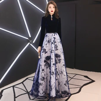 Elegante Donkerblauwe Avondjurken 2019 A Lijn Hoge Kraag Suede Rhinestone Lange Mouwen Lange Gelegenheid Jurken