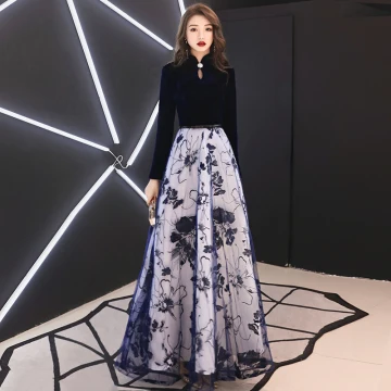 Elegant Navy Blue Evening Dresses 2019 A Line Princess High Neck Suede Rhinestone Long Sleeve Floor Length Long Formal Dresses