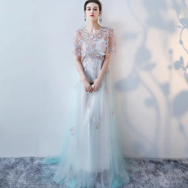 Elegant Summer Pool Blue Evening Dresses 2018 A Line Princess Appliques Sequins Scoop Neck Short Sleeve