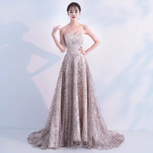 Scintillantes Champagne Doré Robe De Soirée 2019 Princesse Sans Manches Paillettes Bustier Dos Nu Train De Balayage Robe De Ceremonie