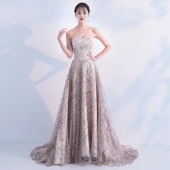 Scintillantes Champagne Doré Robe De Soirée 2019 Princesse Sans Manches Paillettes Bustier Dos Nu Train De Balayage Robe De Ceremonie