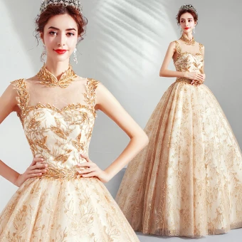 Élégant Doré Robe De Bal 2019 Princesse Col Haut Perlage Paillettes En Dentelle Fleur Sans Manches Dos Nu Longue Robe De Ceremonie