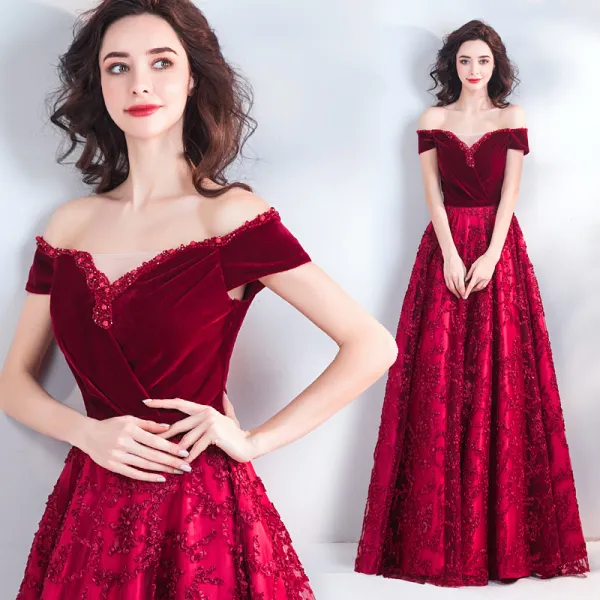 Chic / Beautiful Burgundy Evening Dresses 2019 A-Line / Princess Off ...