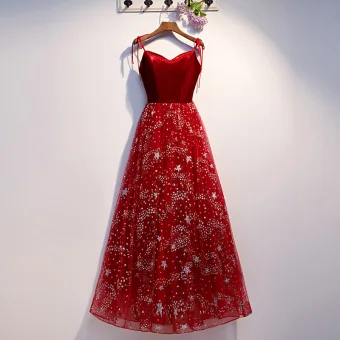 Moderne Mode Bordeaux Robe De Soirée 2019 Princesse Bretelles Spaghetti Daim Étoile Paillettes Sans Manches Dos Nu Longue Robe De Ceremonie