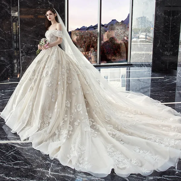 Classy Ivory Wedding Dresses 2019 Ball Gown Off-The-Shoulder Beading Sequins Lace Flower Short Sleeve Backless Cathedral Train