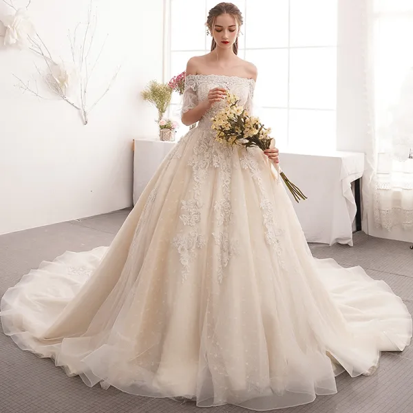 Charming Champagne Wedding Dresses 2019 A-Line / Princess Off-The-Shoulder Beading Pearl Lace Flower Short Sleeve Backless Cathedral Train