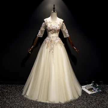 Elegant Champagne Prom Dresses 2019 A Line Princess Spaghetti Straps Pearl Lace Flower Appliques 1 2 Sleeves Backless Floor Length Long Formal Dresses