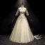 Elegant Champagne Prom Dresses 2019 A-Line / Princess Spaghetti Straps Pearl Lace Flower Appliques 1/2 Sleeves Backless Floor-Length / Long Formal Dresses
