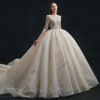 Luxe Scintillantes Ivoire Robe De Mariée 2021 Robe Boule Encolure Dégagée Perlage Perle Paillettes Noeud 1 2 Manches Dos Nu Royal Train Mariage