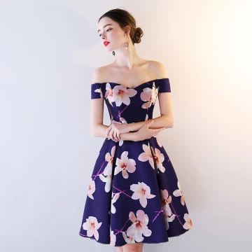 Chic Beautiful Royal Blue Party Dresses 2018 A Line Princess Printing Off The Shoulder Backless Sleeveless Knee Length Formal Dresses