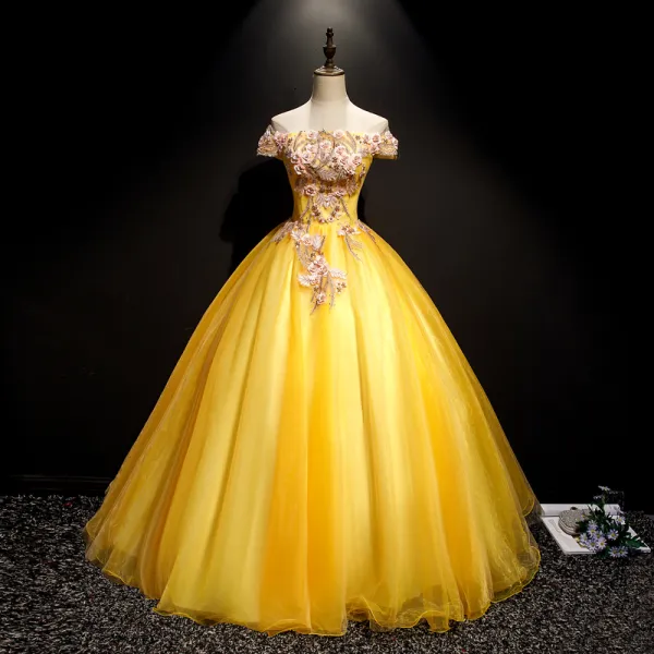 Flower Fairy Yellow Prom Dresses 2019 A-Line / Princess Off-The-Shoulder Appliques Lace Flower Pearl Short Sleeve Backless Floor-Length / Long Formal Dresses