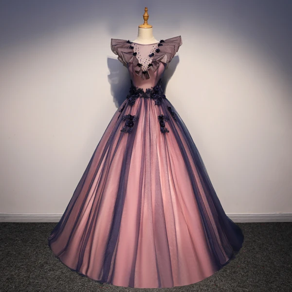 Élégant Violet Robe De Bal 2019 Princesse Encolure Carrée Perle Appliques En Dentelle Fleur Sans Manches Dos Nu Longue Robe De Ceremonie