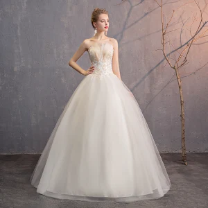 Affordable Ivory Wedding Dresses 2019 Ball Gown Strapless Lace Flower Sleeveless Backless Floor Length Long