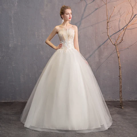 Abordable Ivoire Robe De Mariée 2019 Robe Boule Bustier En Dentelle Fleur Sans Manches Dos Nu Longue