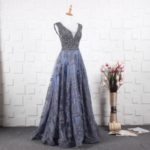 Luxury Gorgeous Ocean Blue Handmade Beading Evening Dresses 2019 A Line Princess V Neck Crystal Lace Flower Sleeveless Backless Floor Length Long Formal Dresses