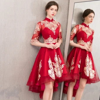 Chic Belle Bordeaux Robe De Cocktail 2019 Princesse Col Haut Doré En Dentelle Fleur 1 2 Manches Asymétrique Robe De Ceremonie