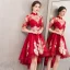 Chic / Beautiful Burgundy Cocktail Dresses 2019 A-Line / Princess High Neck Gold Lace Flower 1/2 Sleeves Asymmetrical Formal Dresses