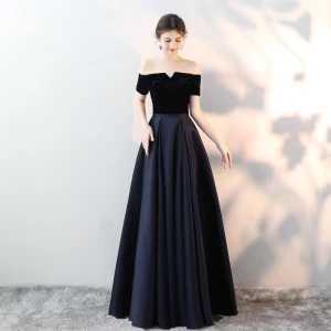 Modest Simple Navy Blue Evening Dresses 2018 A Line Princess Suede Off The Shoulder Backless Sleeveless Floor Length Long Formal Dresses