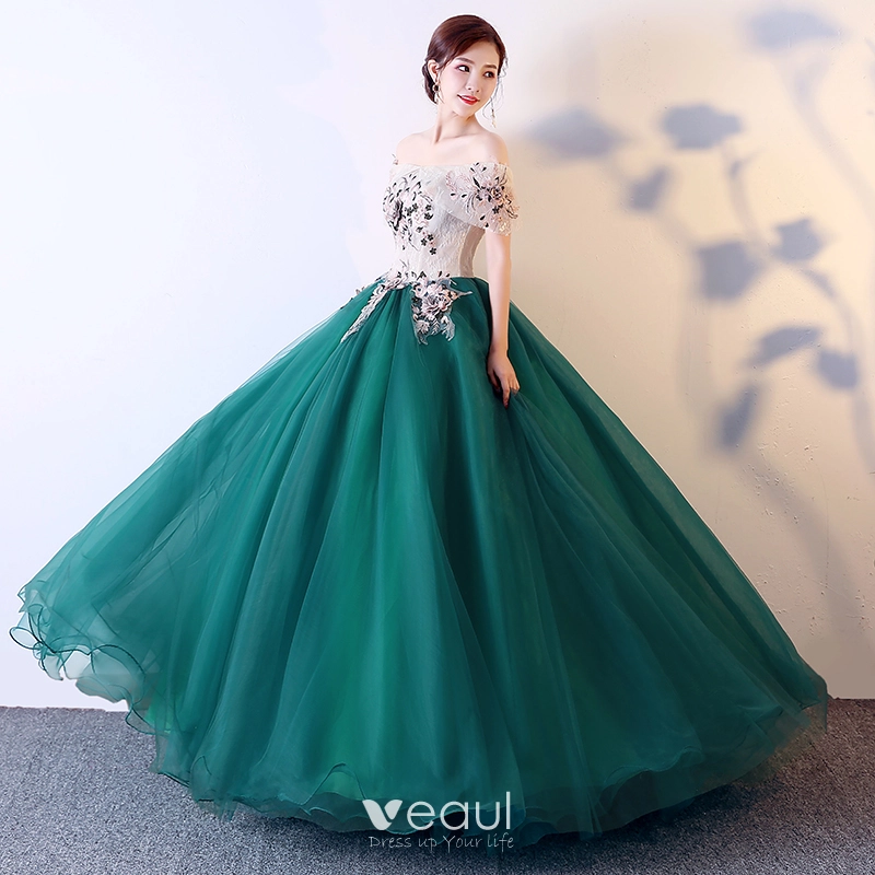 Dark Green Lace Appliques Short Sleeve Ball Gown For 15