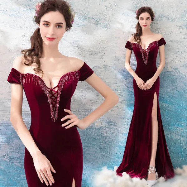 Sexy Burgundy Mermaid Off the Shoulder Fancy Long Prom Dresses 2019 Sexy Burgundy Mermaid Off the Shoulder Fancy Long Prom Dresses 2019