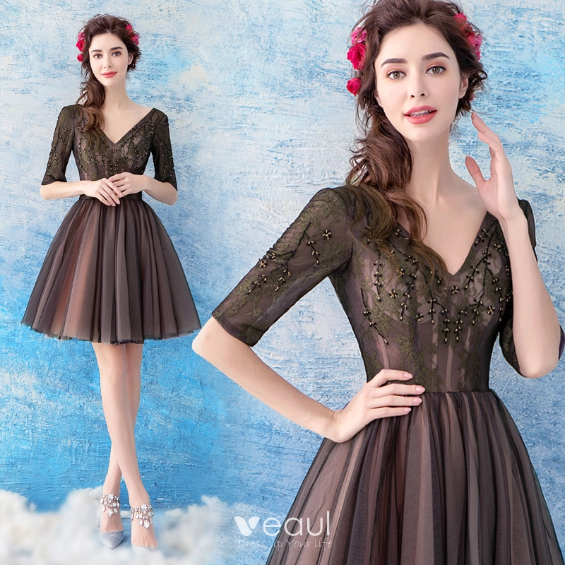 Chic Beautiful Black Party Dresses 2019 A Line Princess V Neck Beading Crystal Embroidered 1 2 Sleeves Backless Short Formal Dresses