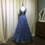 Scintillantes Bleu Roi Fait main Perlage Robe De Soirée 2019 Princesse V-Cou Cristal En Dentelle Fleur Sans Manches Dos Nu Longue Robe De Ceremonie