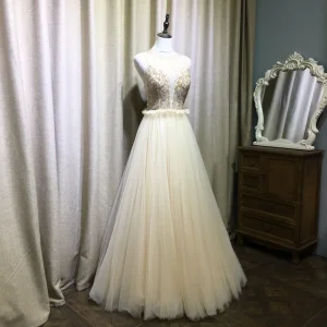 Chic Belle Champagne Robe De Soirée 2019 Princesse Encolure Dégagée Perlage Cristal Faux Diamant Sans Manches Plissée Longue Robe De Ceremonie