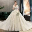 Elegant Champagne Wedding Dresses 2019 A-Line / Princess Off-The-Shoulder Beading Lace Flower Short Sleeve Backless Royal Train