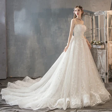 Audrey Hepburn Style Champagne Wedding Dresses 2019 A Line Princess Strapless Beading Sequins Appliques Lace Flower Sleeveless Backless Bow Chapel Train