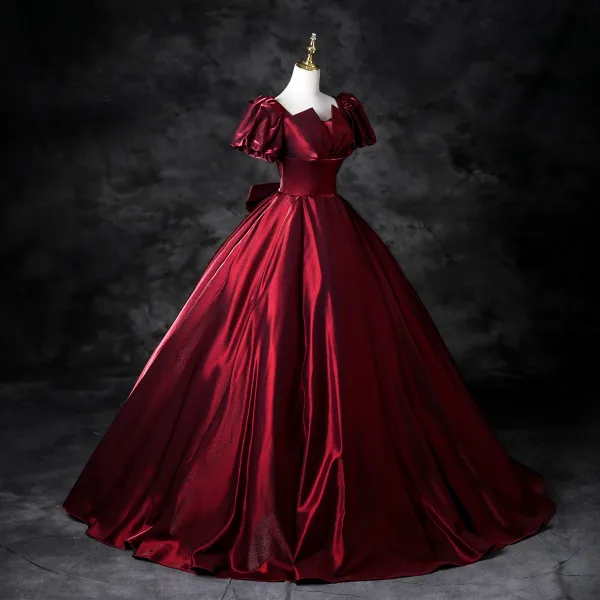 Vintage / Retro Burgundy Prom Dresses 2025 Ball Gown Square Neckline Puffy Short Sleeve Backless Bow Floor-Length / Long Prom Formal Dresses
