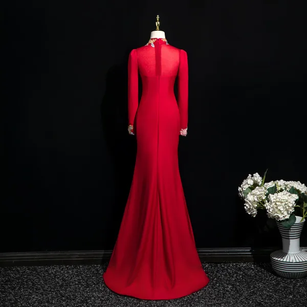 Vintage / Retro Burgundy Beading Sequins Lace Flower Evening Dresses 2025 Trumpet / Mermaid High Neck Long Sleeve Floor-Length / Long Evening Party Formal Dresses