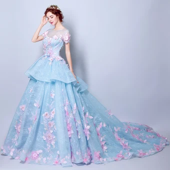 Unique Bleu Robe De Mariée 2018 Robe Boule Appliques Perle Encolure Dégagée Transparentes Manches Courtes Chapel Train Mariage