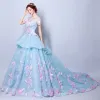 Amazing / Unique Pool Blue Wedding Dresses 2018 Ball Gown Appliques Pearl Scoop Neck See-through Short Sleeve Chapel Train Wedding