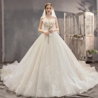 Fabelachtig Champagne Trouwjurken 2019 A lijn Strapless Kralen Pailletten Mouwloos Ruglooze Appliques Strik Royal Train