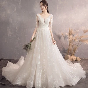 Charming Champagne Wedding Dresses 2019 A Line Princess Scoop Neck Star Lace Flower 3 4 Sleeve Backless Court Train