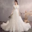 Charming Champagne Wedding Dresses 2019 A-Line / Princess Scoop Neck Star Lace Flower 3/4 Sleeve Backless Court Train