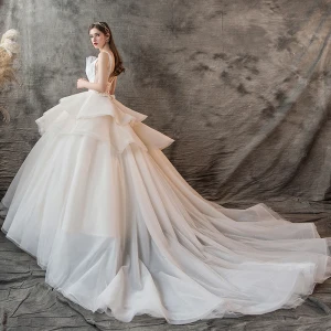 Charming Champagne Wedding Dresses 2019 Ball Gown V Neck Pearl Sleeveless Backless Cascading Ruffles Cathedral Train