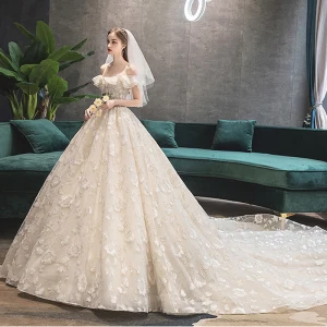 Chic Beautiful Champagne Wedding Dresses 2019 A Line Princess Off The Shoulder Beading Sequins Lace Flower Short Sleeve Backless Royal Train