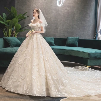 Chic Beautiful Champagne Wedding Dresses 2019 A Line Princess Off The Shoulder Beading Sequins Lace Flower Short Sleeve Backless Royal Train