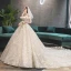 Hermoso Champán Vestidos De Novia 2019 A-Line / Princess Fuera Del Hombro Rebordear Lentejuelas Con Encaje Flor Manga Corta Sin Espalda Royal Train