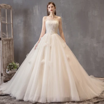 Chic Champagne Robe De Mariée 2019 Robe Boule Volants Bustier Perlage Paillettes Sans Manches Dos Nu Chapel Train