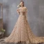 Modern / Fashion Champagne Prom Dresses 2019 A-Line / Princess Spaghetti Straps Star Sequins Ruffle Short Sleeve Court Train Formal Dresses