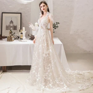 Chic Beautiful Ivory Beach Wedding Dresses 2019 A Line Princess V Neck Bow Lace Flower Sleeveless Backless Court Train