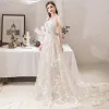Chic / Beautiful Ivory Beach Wedding Dresses 2019 A-Line / Princess V-Neck Bow Lace Flower Sleeveless Backless Court Train